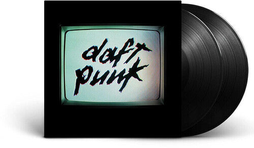 Vinyl record with 'Daft Punk' text on a screen, on a white background