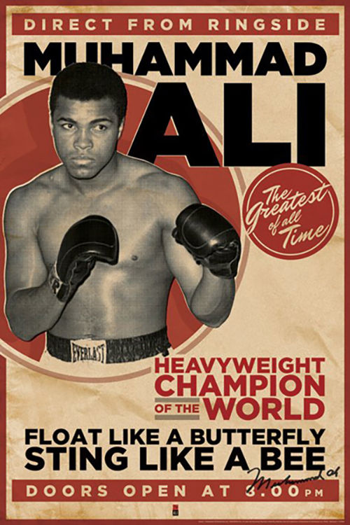 Vintage-style poster of Muhammad Ali with boxing gloves and text about his achievements.