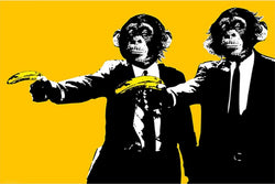 Monkey Banana's
Regular Poster
Size: 24x36

Two monkeys in suits holding bananas on a yellow background