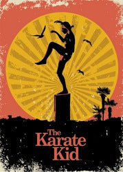 Karate Kid
Sunset
Regular Poster
Size: 24x36

Vintage-style poster for 'The Karate Kid' with silhouette of a person on a pedestal against a sunburst background.