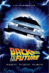 Movie poster for 'Back to the Future' with a time machine and blue light effects. 24X36