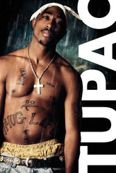 Tupac
Rain
Regular Poster
Size: 24x36

Man with tattoos and a cross necklace, wearing a cap and yellow pants, with text overlay.