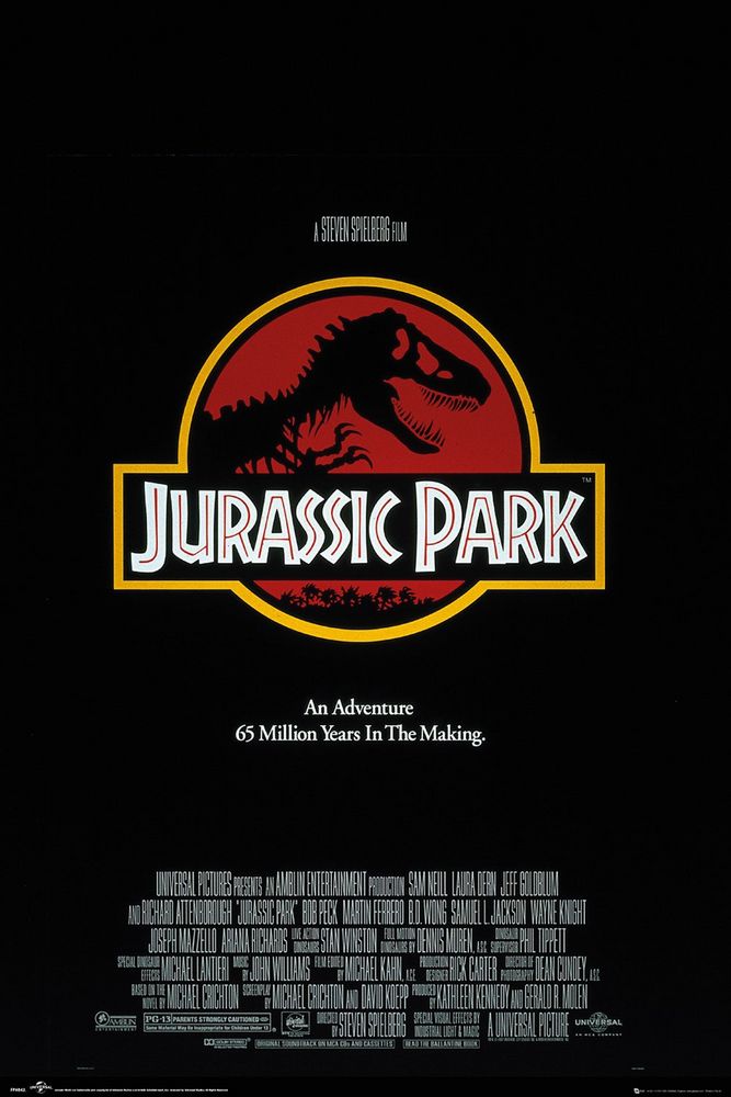 Jurassic Park movie poster with logo and text on a black background