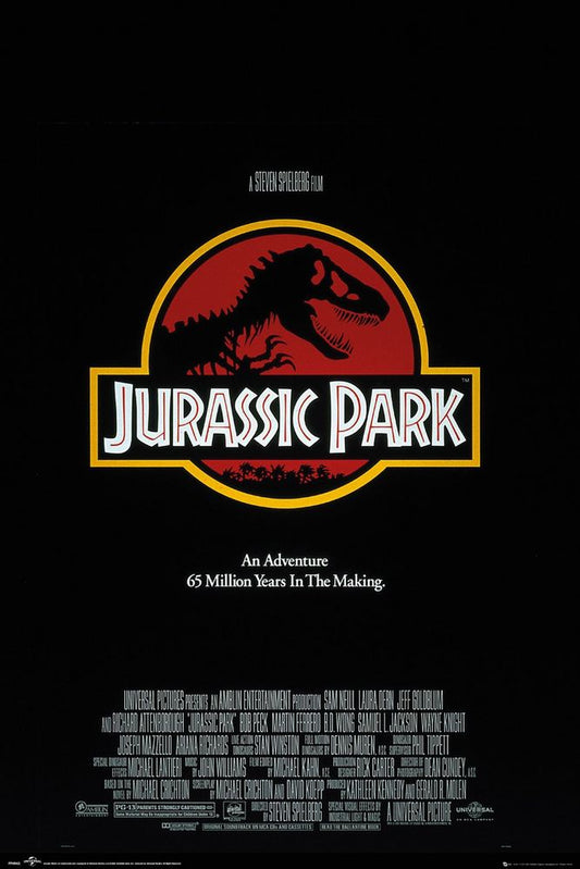Jurassic Park movie poster with logo and text on a black background