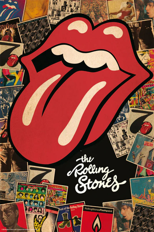 The Rolling Stones logo with tongue out on a collage of vintage album covers.