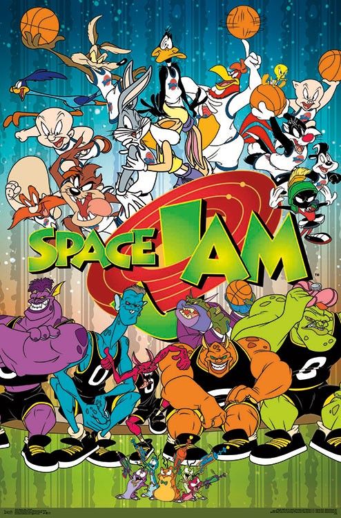 Poster of Space Jam featuring various cartoon characters on a colorful background.